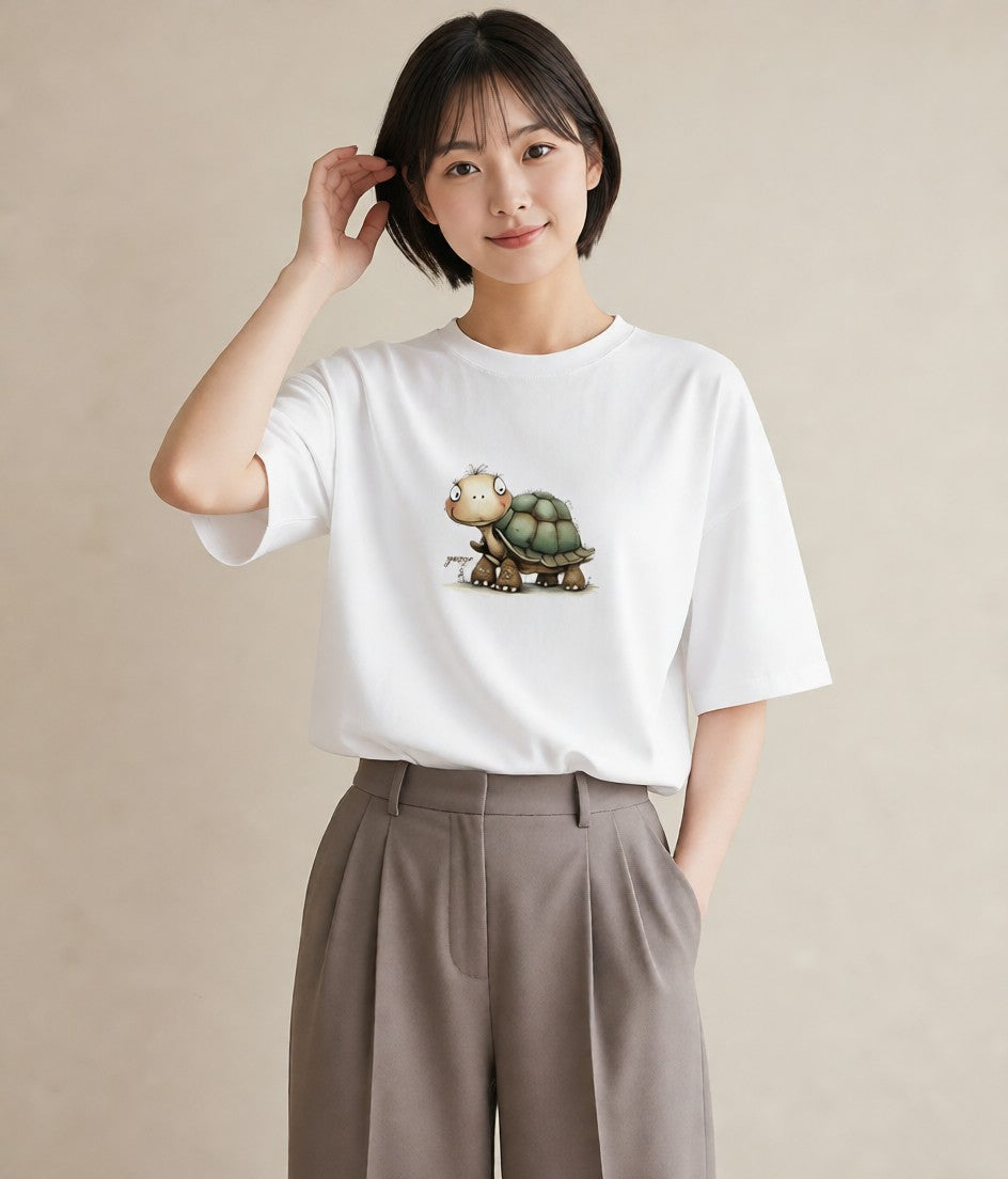 デザインTシャツ レディース ゼニガメ ペット 動物 イラスト ユニーク ラフ レイヤード 白T