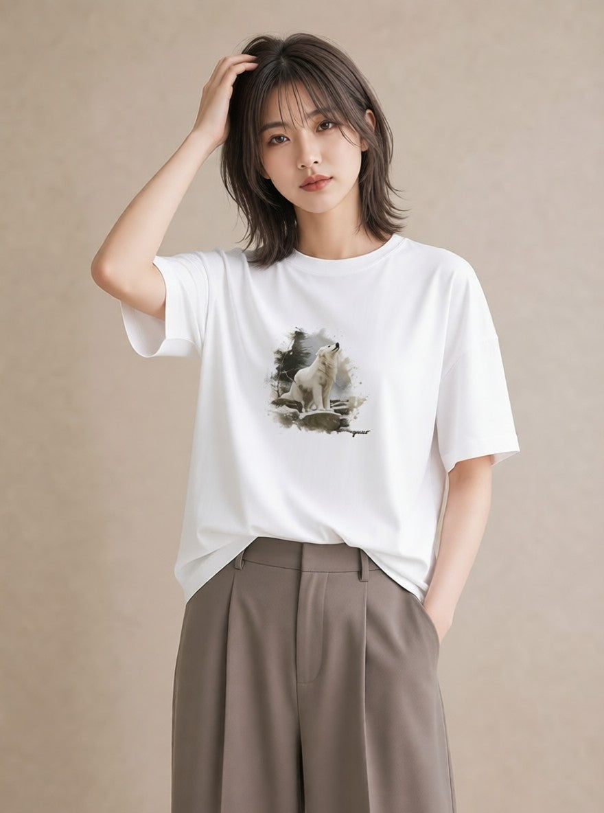 デザインTシャツ レディース 黒柴 犬 いぬ イラスト 北欧風 ラフ レイヤード 白T