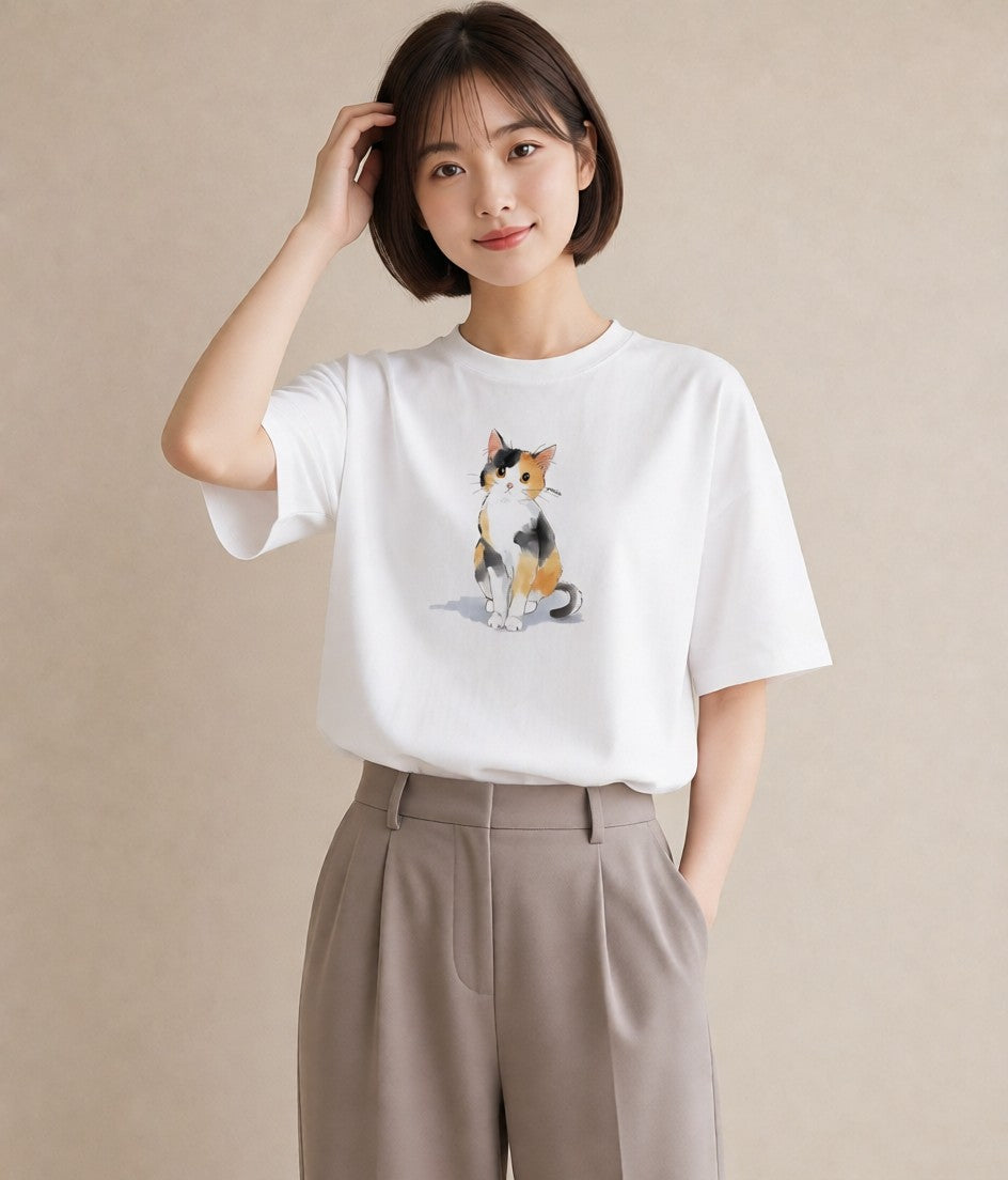プリントTシャツ レディース キジトラ 猫 ねこ イラスト シンプル 買い物 夏コーデ 白T