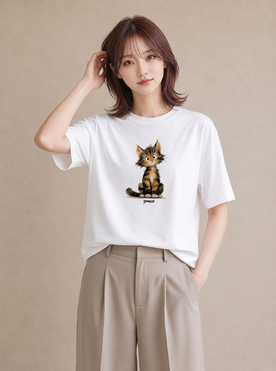 半袖Tシャツ レディース ぶち猫 猫 ねこ イラスト カフェコーデ 公園 ママ 白T