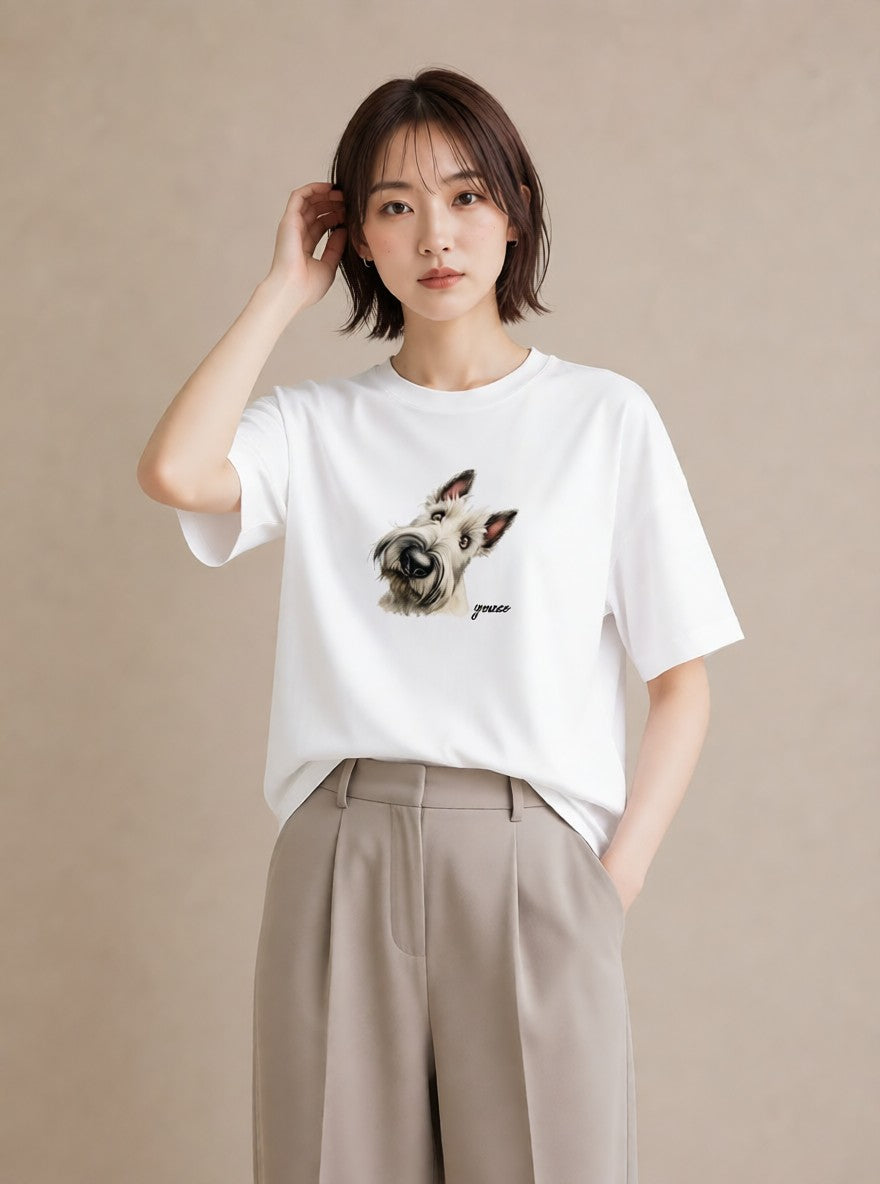 デザインTシャツ レディース ミニチュアシュナウザー 犬 いぬ イラスト 淡色 通勤 在宅 白T