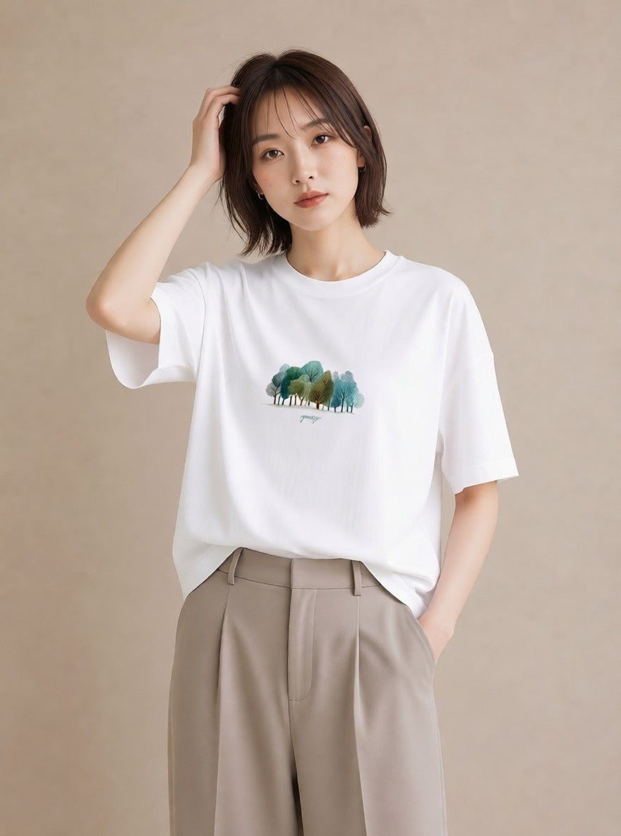 Tシャツ レディース 青の水彩 風景 ブルー ナチュラル アンティーク イラスト アート風 誕生日プレゼント 綿100 白T