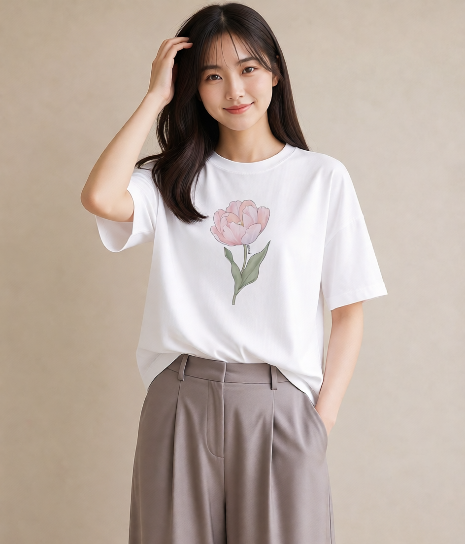 Tシャツ レディース 牡丹 花 花柄 イラスト シック 女子会 お揃い 白T