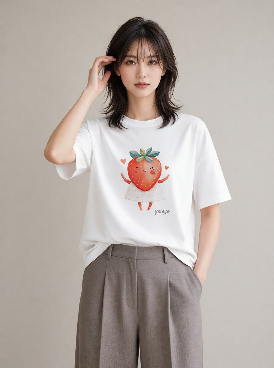 プリントTシャツ レディース いちご 苺 ストロベリー 食べ物 フード イラスト 20代 カジュアルコーデ 白T