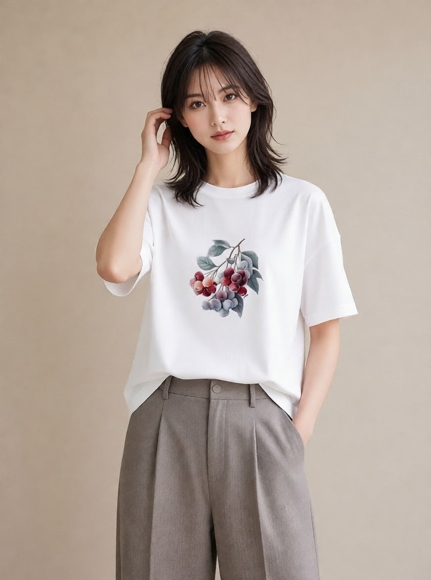 プリントTシャツ レディース さくらんぼ チェリー 食べ物 フード イラスト きれいめカジュアル 自分用 ルームウェア 白T