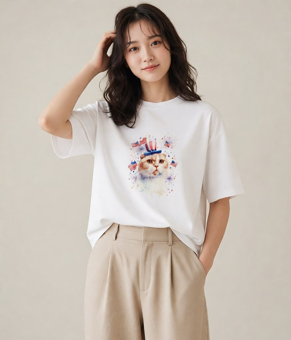 半袖Tシャツ レディース エキゾチックショートヘア 猫 ねこ イラスト レトロ 散歩 お出かけ 白T