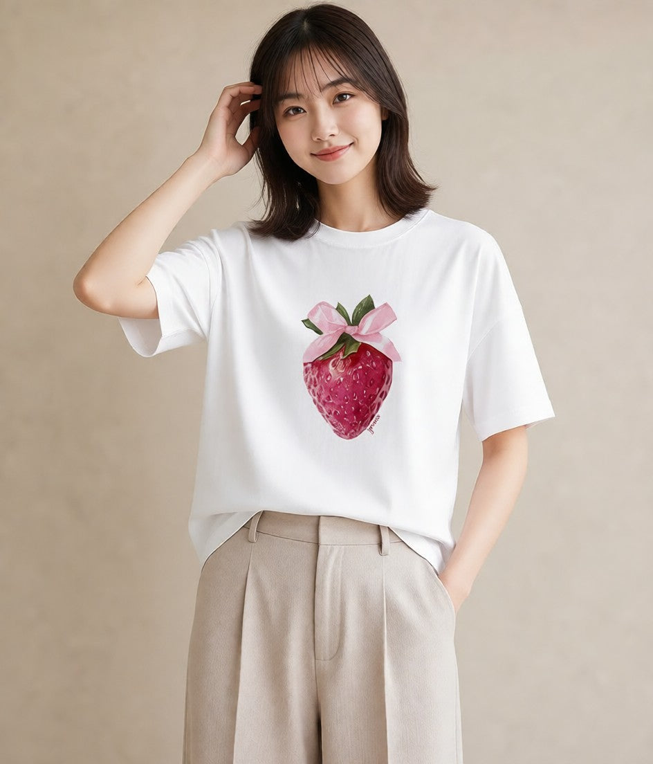 グラフィックTシャツ レディース いちご 苺 ストロベリー 食べ物 フード イラスト ヴィンテージ風 在宅 公園 白T