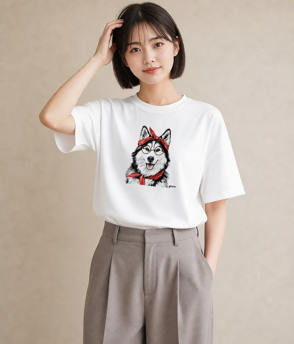 半袖Tシャツ レディース シベリアンハスキー 犬 いぬ イラスト ミニマル 女性向けギフト 散歩 白T