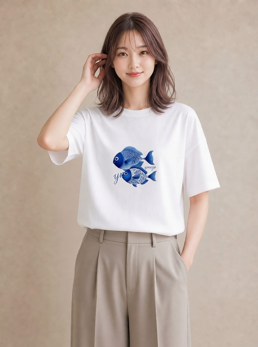 プリントTシャツ レディース 熱帯魚 ペット 動物 イラスト 普段使い 姉妹 送別ギフト 白T