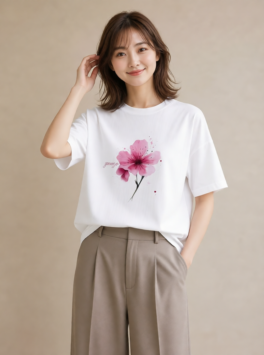 グラフィックTシャツ レディース 梅 花 花柄 イラスト 旅行コーデ 旅行用 海 白T