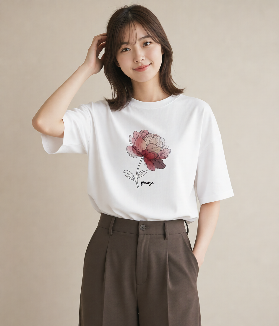 プリントTシャツ レディース 牡丹 花 花柄 イラスト 旅行コーデ 親子 20代 白T