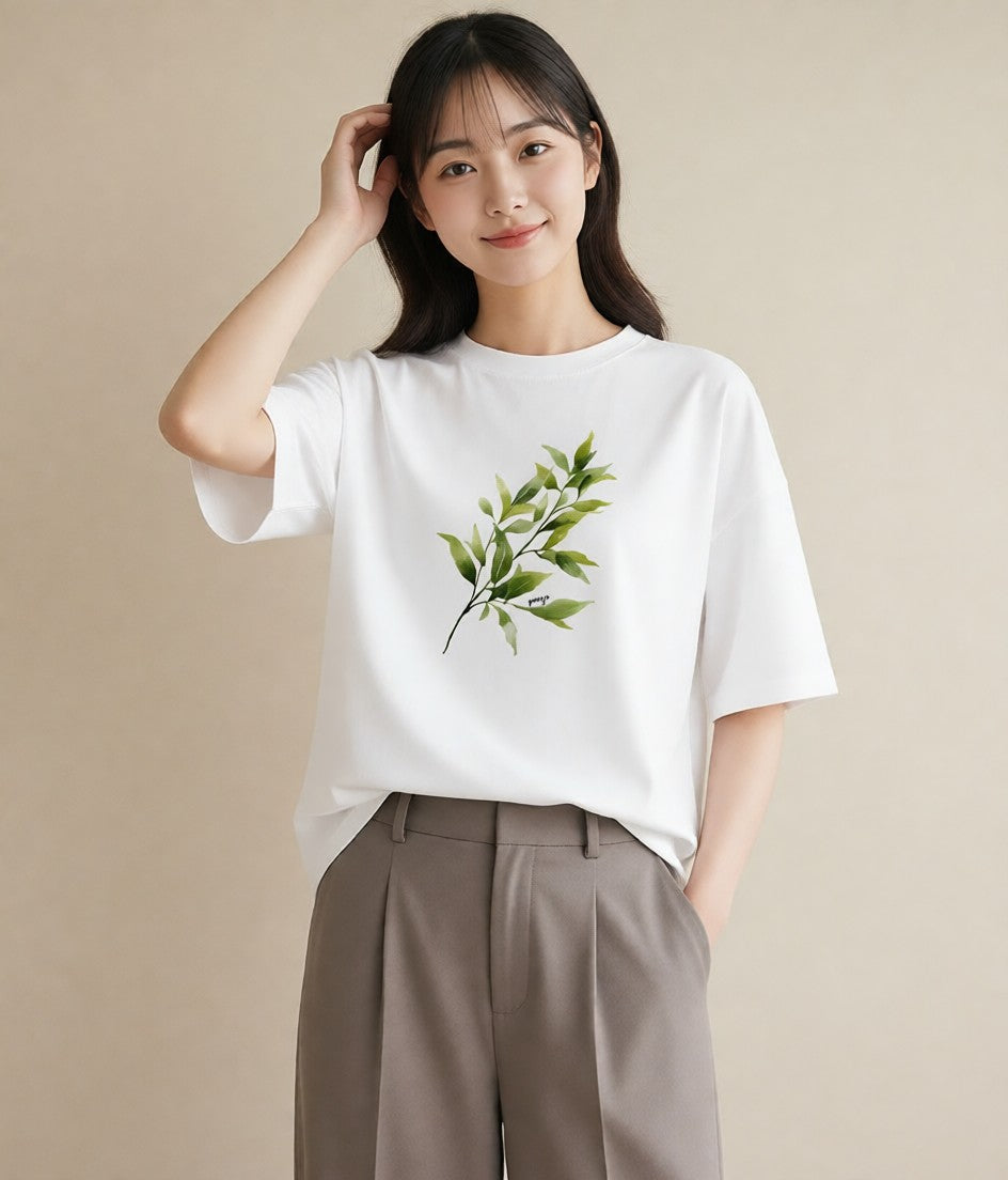半袖Tシャツ レディース 新緑 植物 ボタニカル イラスト 上品 ペアコーデ 秋コーデ 白T
