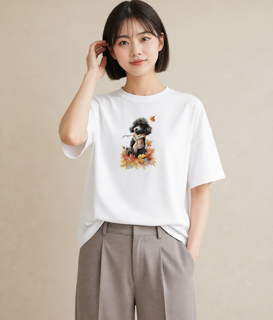半袖Tシャツ レディース トイプードル プードル 犬 いぬ イラスト ボタニカル 旅行用 海 白T