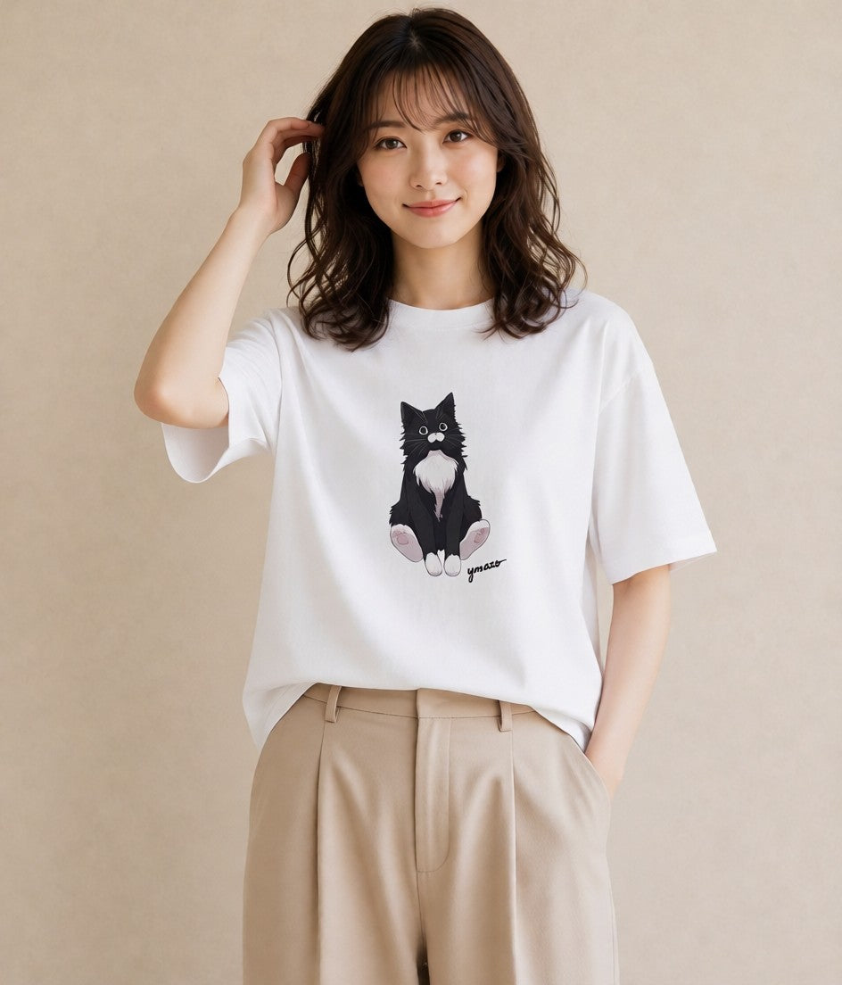 Tシャツ レディース ハチワレ 白黒猫 猫 ねこ イラスト きれいめ 通勤 在宅 白T
