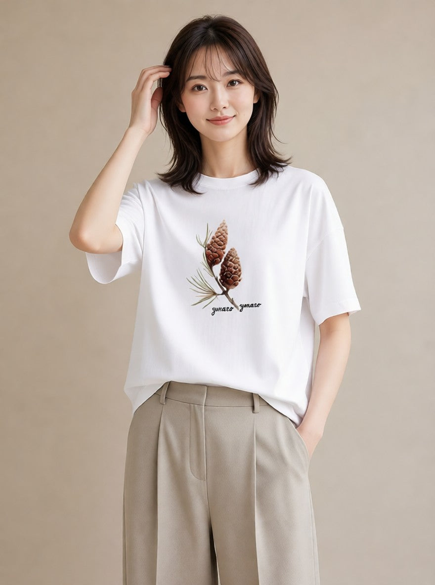 デザインTシャツ レディース どんぐり 植物 ボタニカル イラスト レトロ お出かけ 普段着 白T