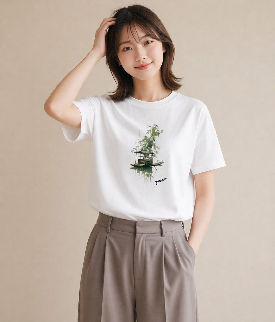 グラフィックTシャツ レディース 桟橋 水辺 波止場 ナチュラル アンティーク イラスト ゆるコーデ カフェ服 クリスマス 白T