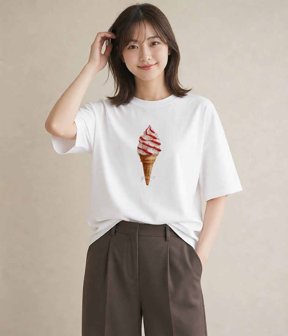 Tシャツ レディース アイス 食べ物 フード イラスト ラフ ホワイトデー 春服 白T