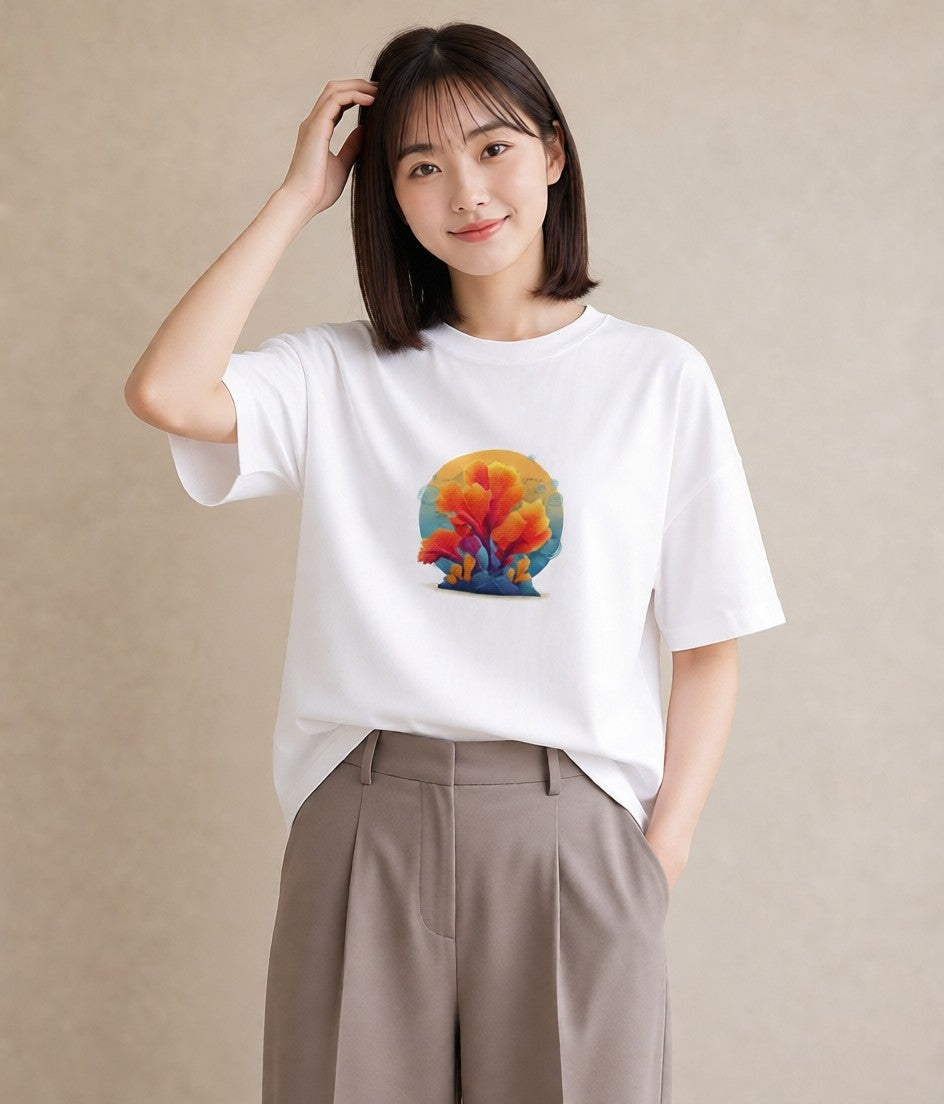 半袖Tシャツ レディース サンゴ 海の生き物 海 イラスト こなれ感 20代 カジュアルコーデ 白T