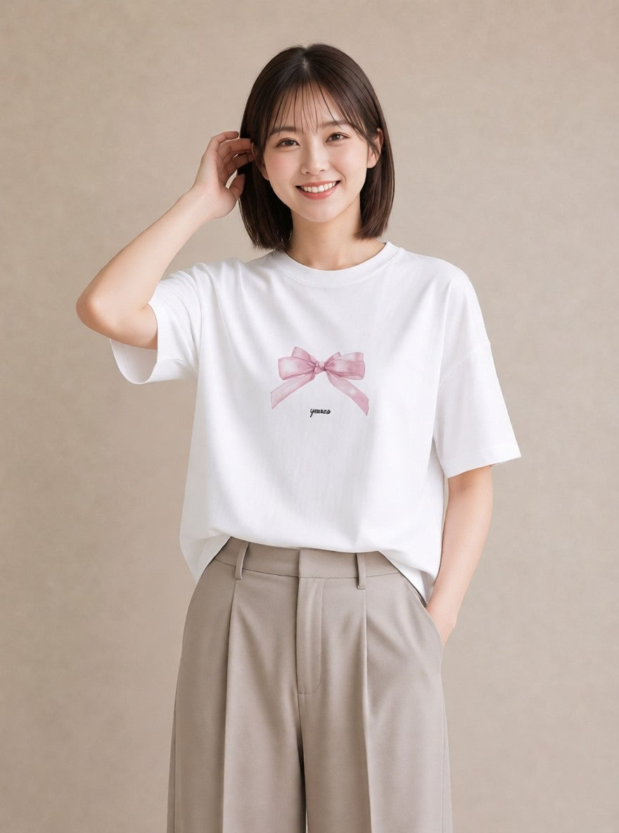 プリントTシャツ レディース リボン 蝶結び ナチュラル アンティーク イラスト 可愛い 在宅 公園 白T