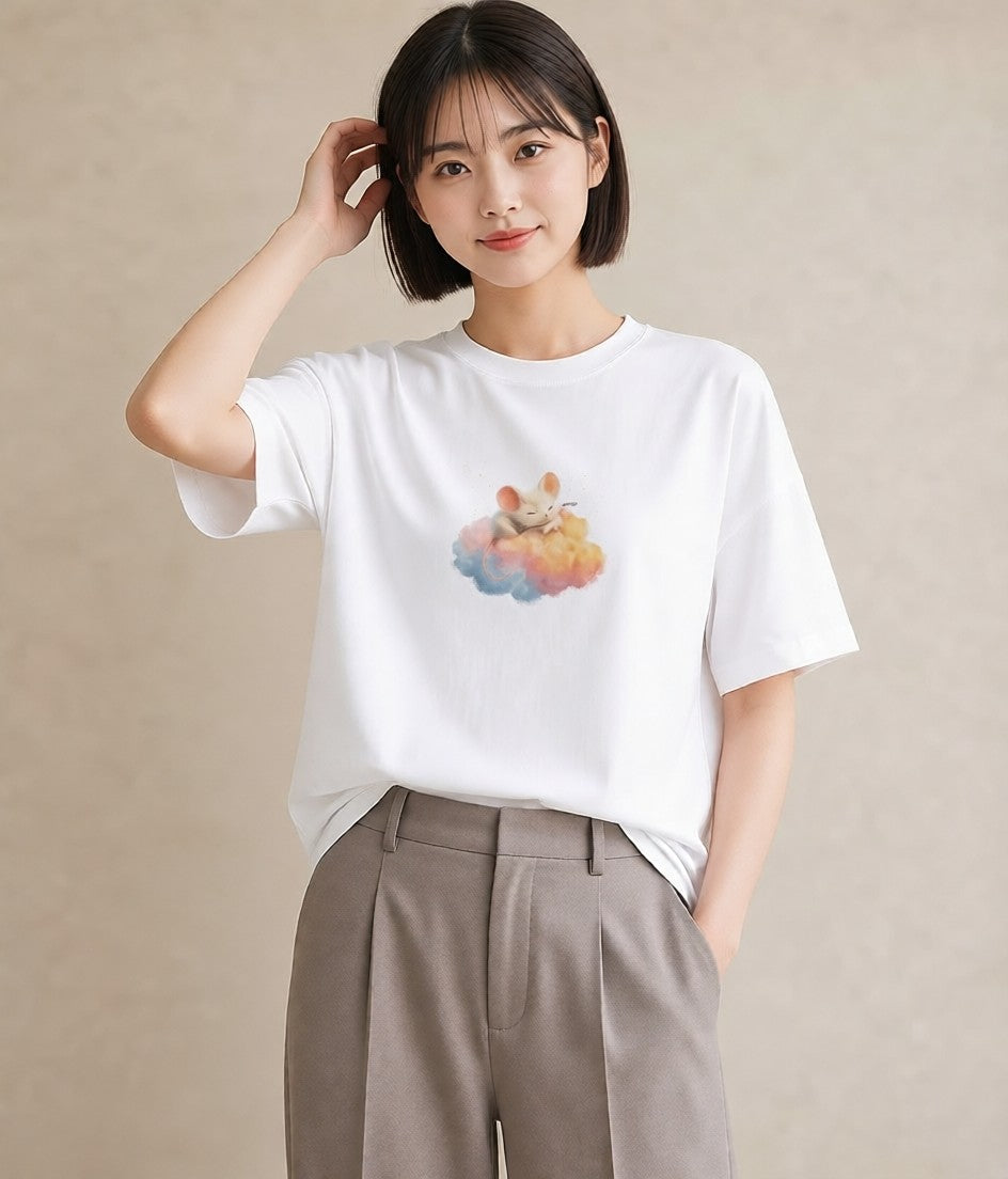半袖Tシャツ レディース 雲 星空 宇宙 イラスト 手描き風 旅行 母娘コーデ 白T