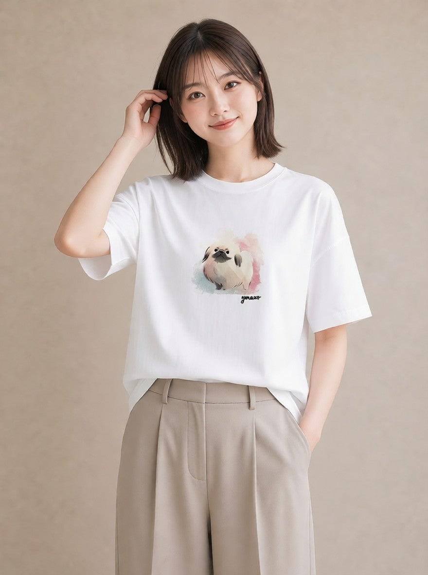 グラフィックTシャツ レディース 狆 犬 いぬ イラスト レトロ 旅行 母娘コーデ 白T