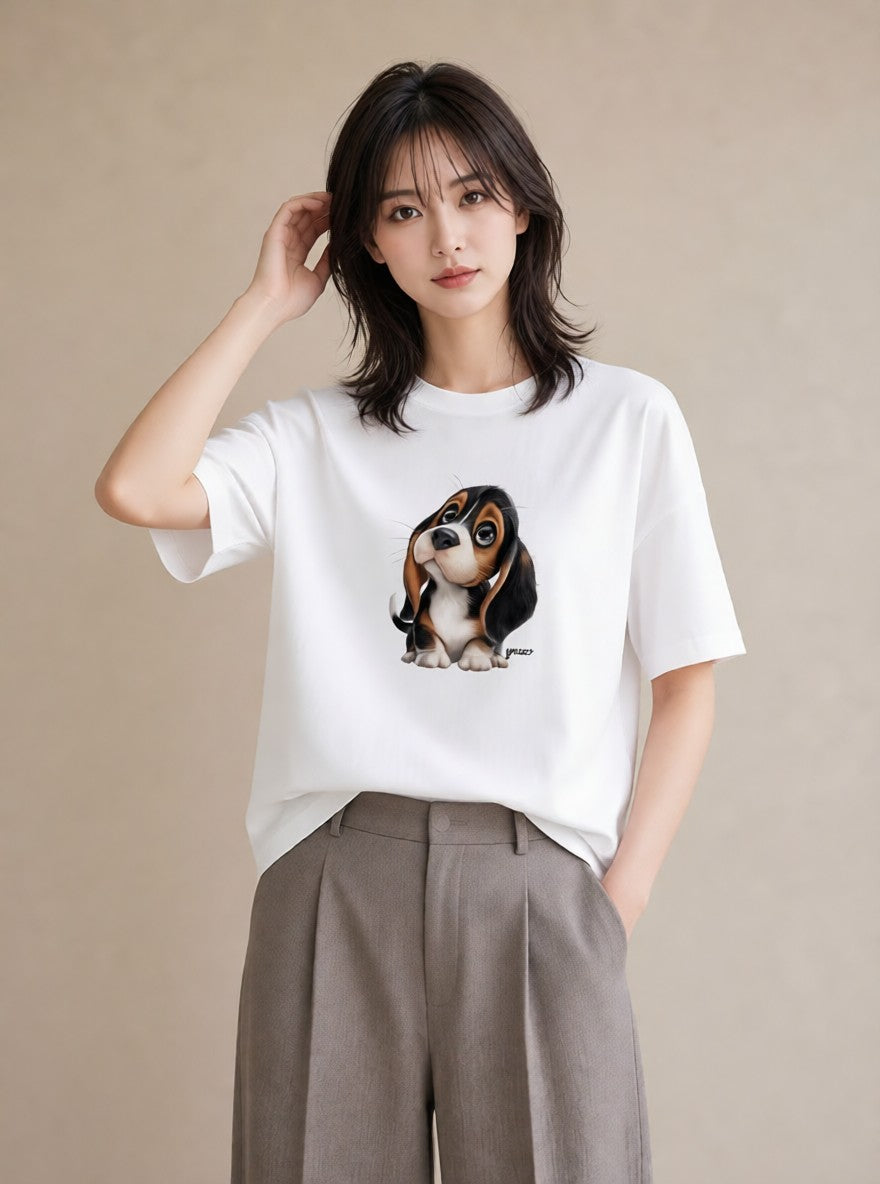 半袖Tシャツ レディース ビーグル 犬 いぬ イラスト 旅行コーデ 通勤 在宅 白T