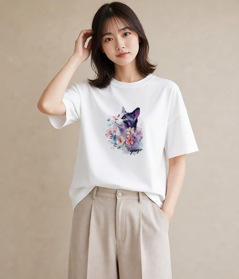 グラフィックTシャツ レディース アメリカンショートヘア 猫 ねこ イラスト 韓国風 春コーデ 姉妹 白T