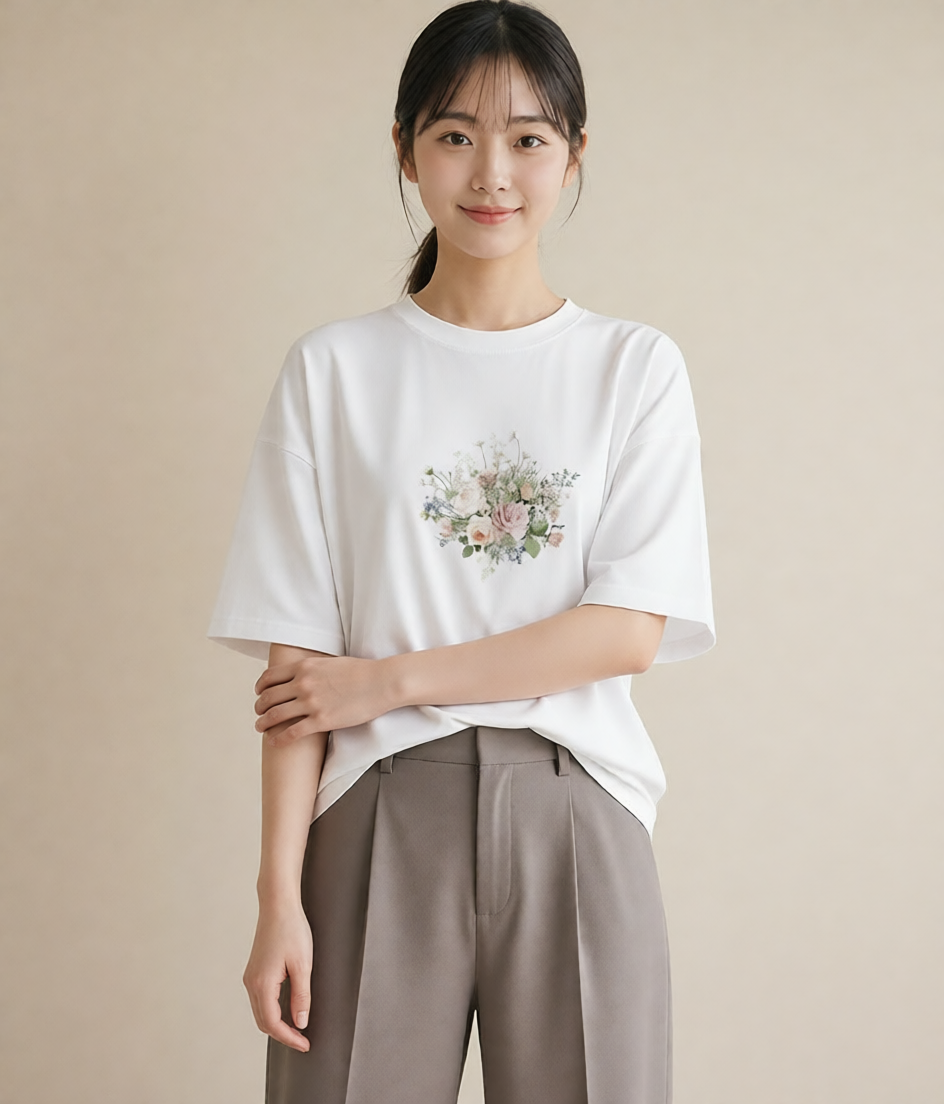 半袖Tシャツ レディース 花 花柄 イラスト ルームウェア ギフト 白T