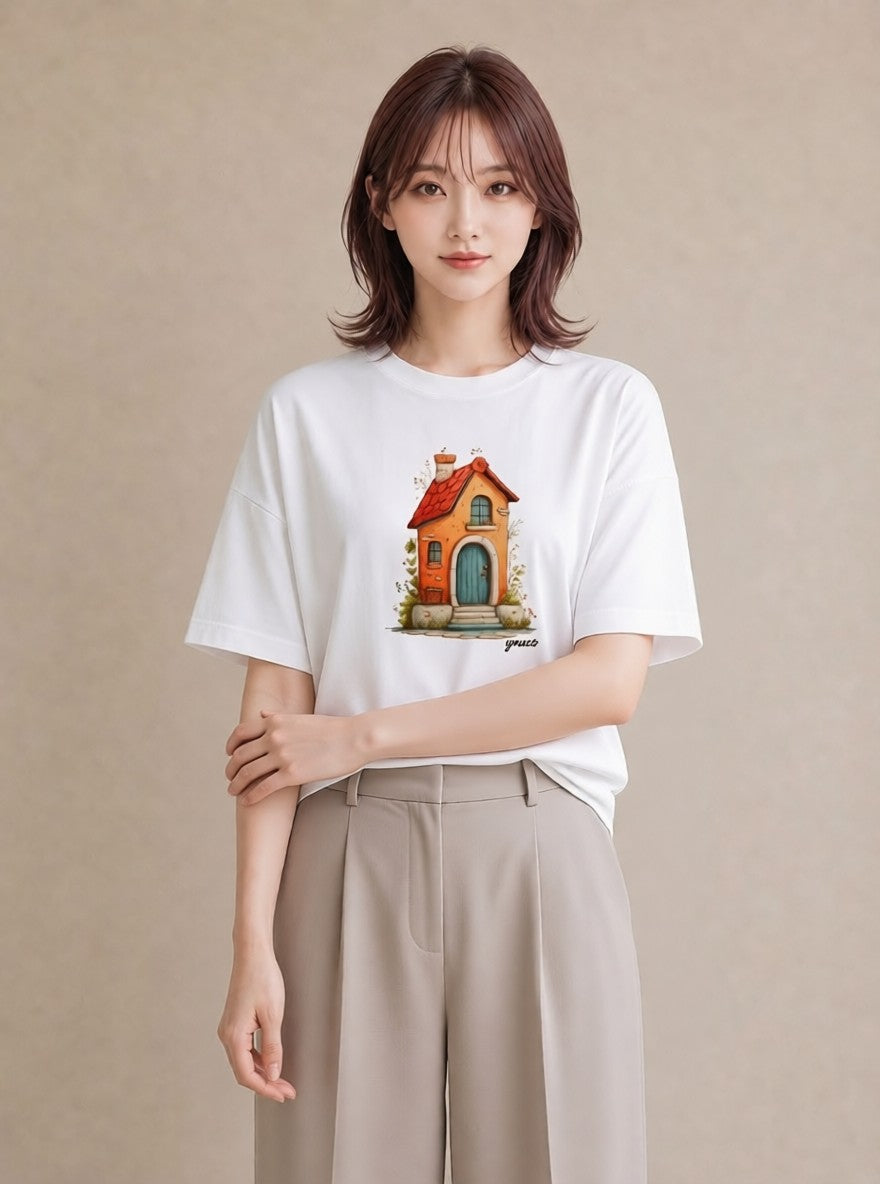 グラフィックTシャツ レディース 灯りの家 小屋 夜 ナチュラル アンティーク イラスト モード 友達ギフト 部屋着 白T