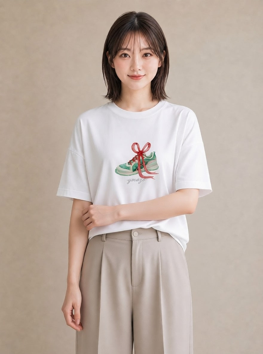 半袖Tシャツ レディース バレエシューズ バレエ トウシューズ ナチュラル アンティーク イラスト ミニマル ホワイトデー 春服 白T