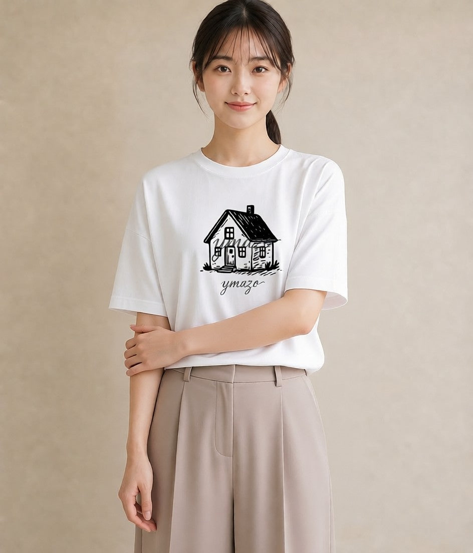 グラフィックTシャツ レディース 灯りの家 小屋 夜 ナチュラル アンティーク イラスト きれいめ カフェ巡り 女子会 白T
