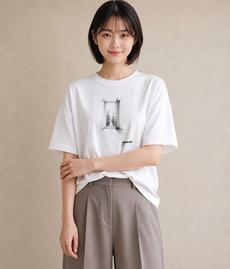 プリントTシャツ レディース 窓辺の雨 雨の日 窓 ナチュラル アンティーク イラスト ガーリー 敬老の日 ホワイトデー 白T