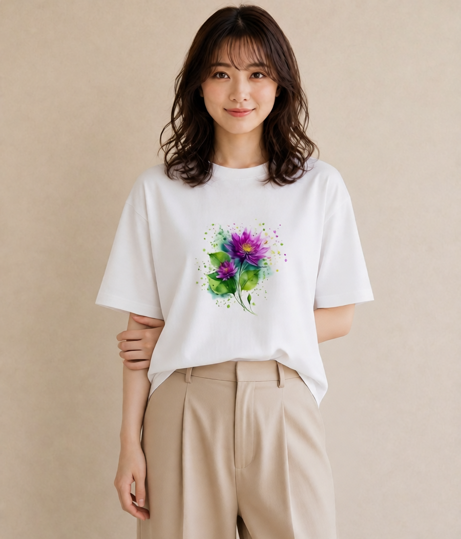 デザインTシャツ レディース 蓮 花 花柄 イラスト ミニマル 綿100 デート 白T