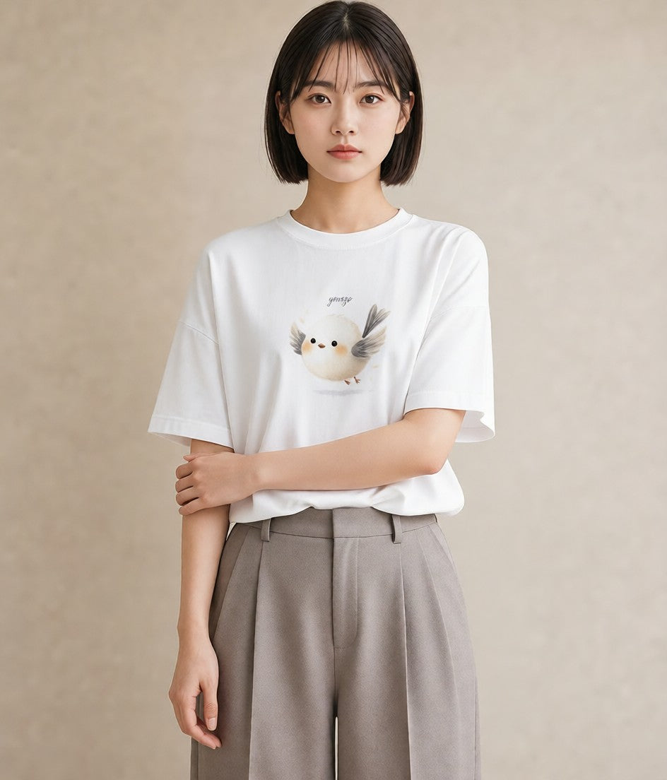 デザインTシャツ レディース 小鳥 ペット 動物 イラスト レトロ 海 カフェ巡り 白T