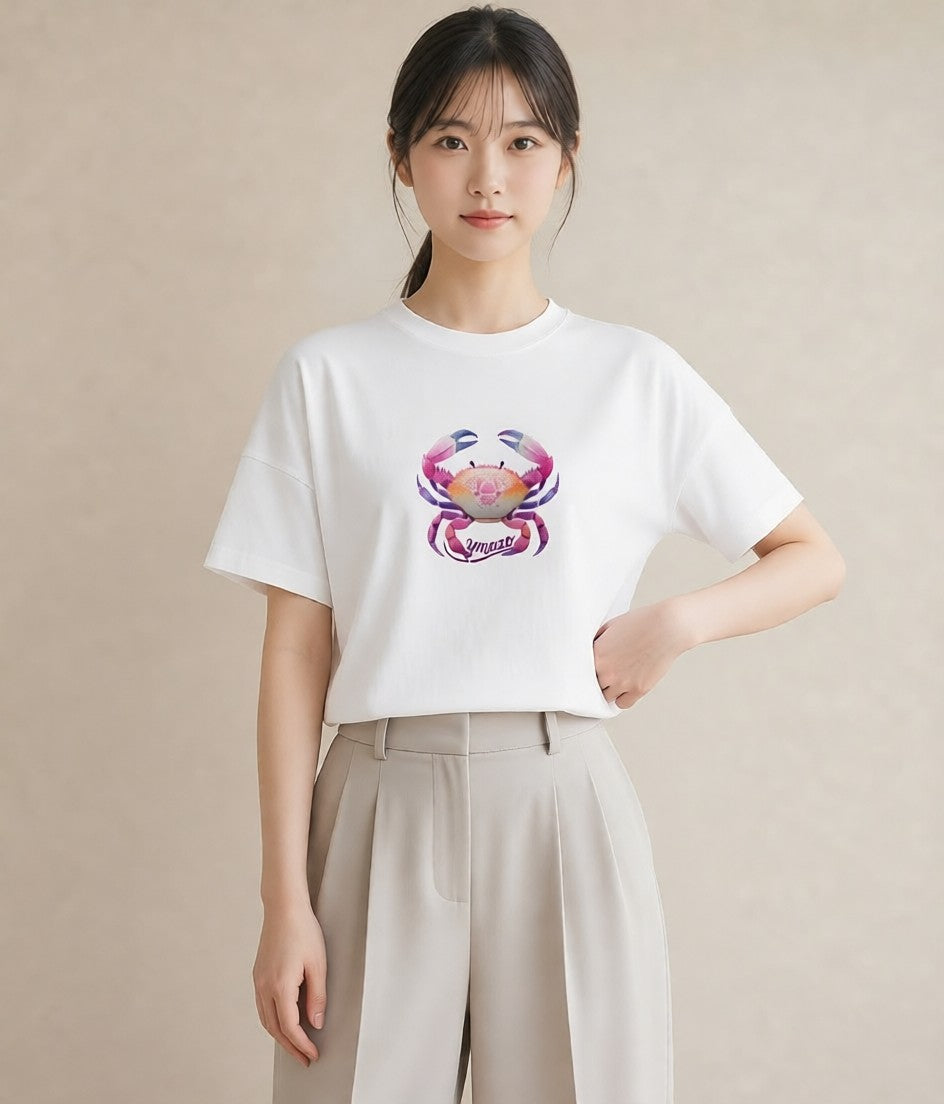 プリントTシャツ レディース 蟹座 星空 宇宙 イラスト ボタニカル 女性向けギフト 散歩 白T