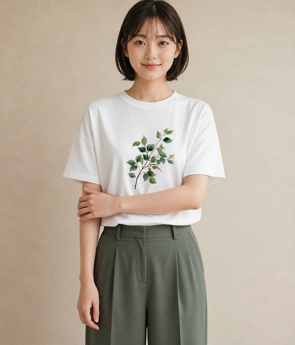 半袖Tシャツ レディース 新緑 植物 ボタニカル イラスト 休日コーデ 通学 誕生日プレゼント 白T