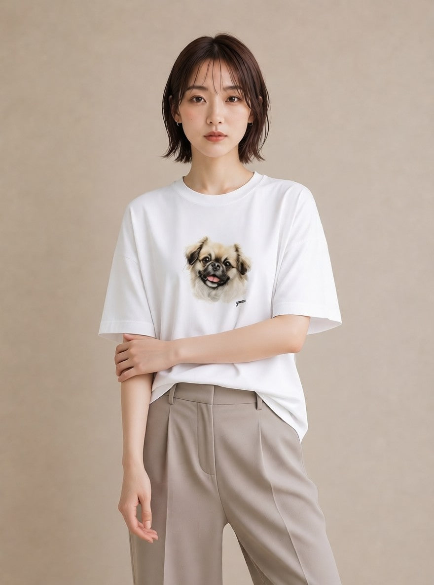 デザインTシャツ レディース 狆 犬 いぬ イラスト ヴィンテージ風 海 カフェ巡り 白T