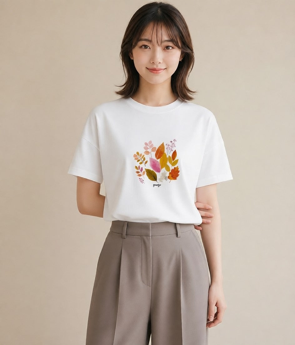プリントTシャツ レディース 落ち葉 植物 ボタニカル イラスト ヴィンテージ風 デイリーウェア 休日 白T