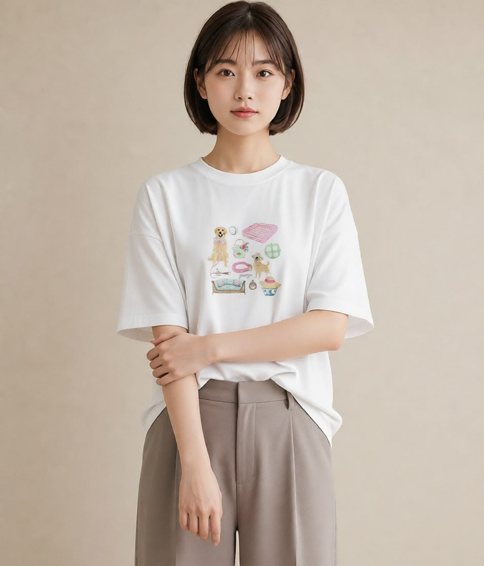 半袖Tシャツ レディース ゴールデンレトリバー ゴールデン 犬 いぬ イラスト 可愛い 母娘コーデ 自分用 白T