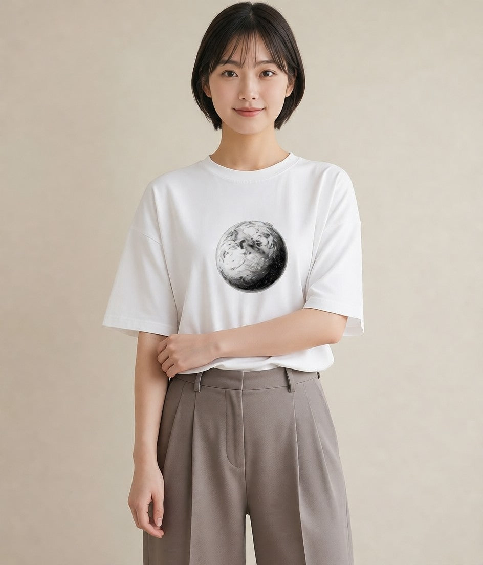 デザインTシャツ レディース プラネット 星空 宇宙 イラスト 線画 ビーチ デイリーウェア 白T