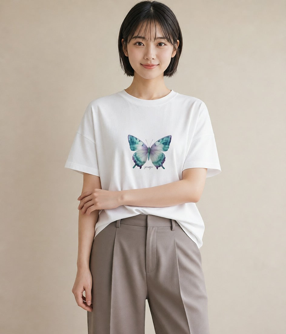 グラフィックTシャツ レディース ちょうちょ 蝶 バタフライ 昆虫 虫 イラスト 上品 部屋着 女性向けギフト 白T