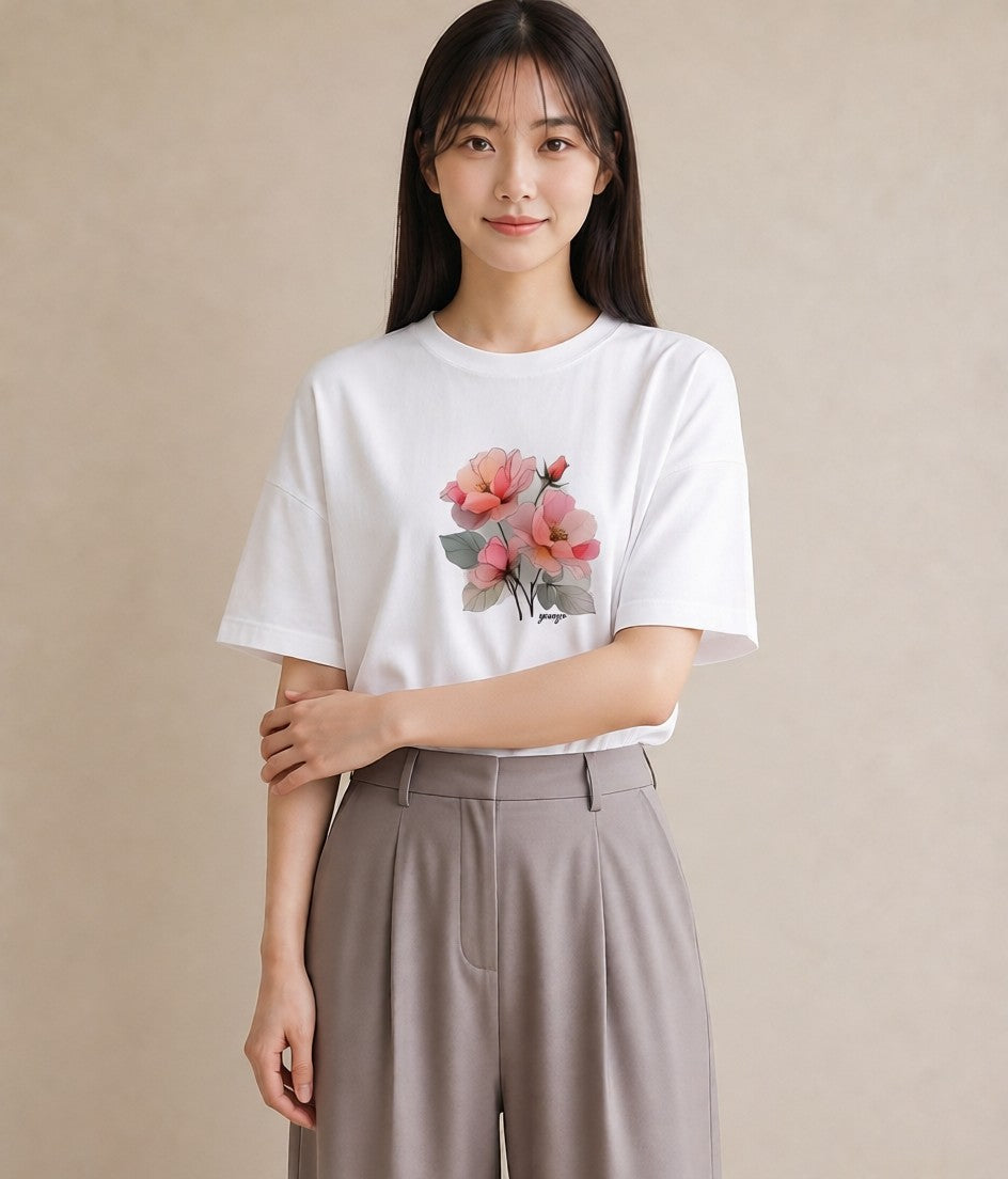 デザインTシャツ レディース 椿 花 花柄 イラスト ポップ 誕生日プレゼント 綿100 白T