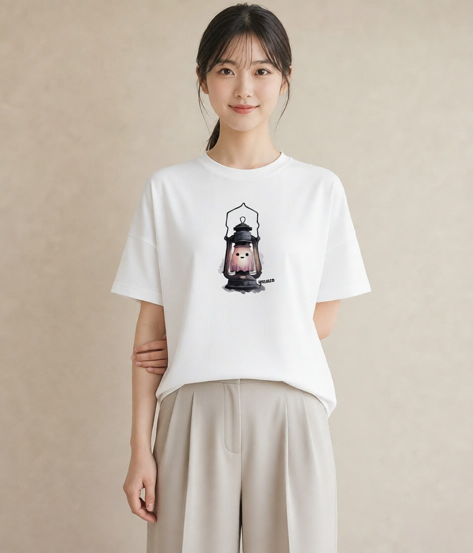 半袖Tシャツ レディース 街灯 夜霧 夜 ナチュラル アンティーク イラスト レトロ レイヤード 友達ギフト 白T