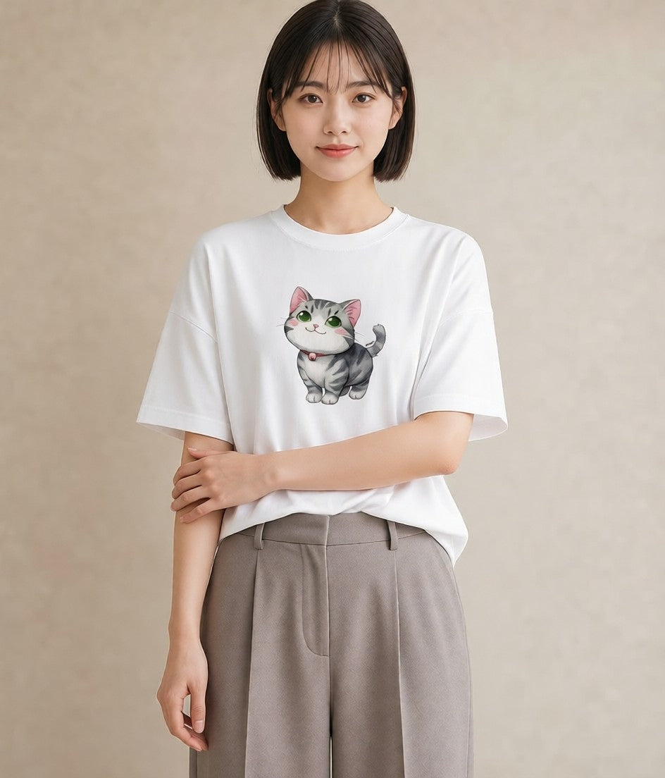 プリントTシャツ レディース マンチカン 猫 ねこ イラスト ラフカジュアル 社会人 女性 白T