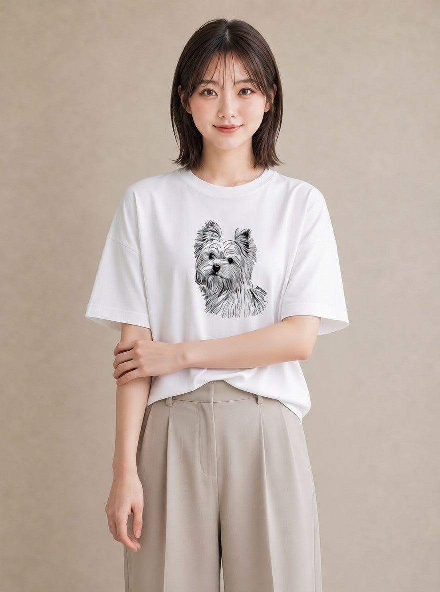 半袖Tシャツ レディース ヨークシャーテリア 犬 いぬ イラスト 旅行コーデ 女性 旅行用 白T