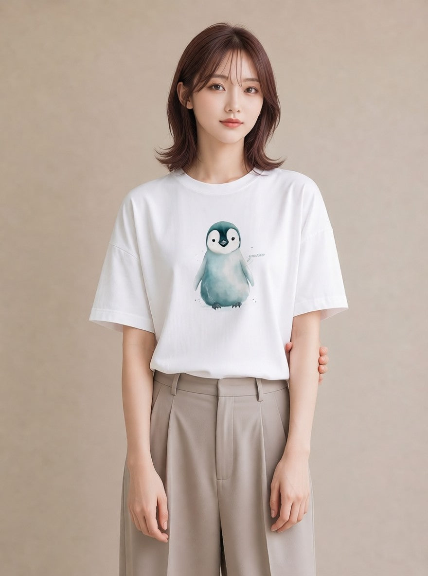 デザインTシャツ レディース アザラシ 動物 アニマル イラスト 手描き風 買い物 夏コーデ 白T