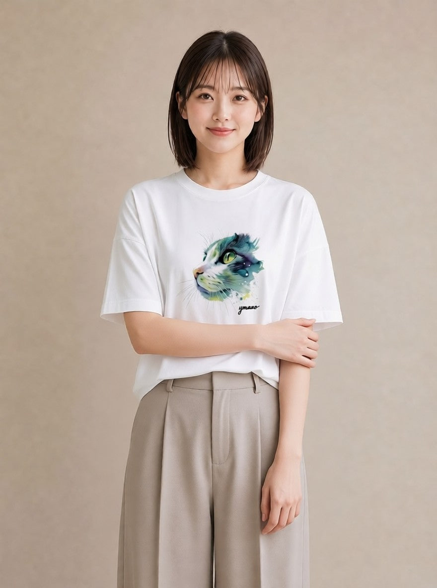 グラフィックTシャツ レディース アメリカンショートヘア 猫 ねこ イラスト ポップ カジュアルコーデ 買い物 白T