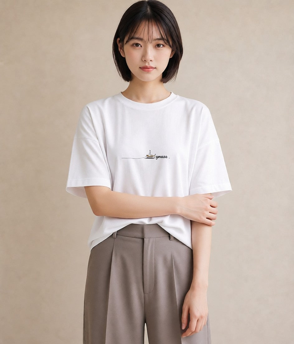 半袖Tシャツ レディース 紙の船 水辺 ナチュラル アンティーク イラスト ガーリー 誕生日プレゼント 綿100 白T