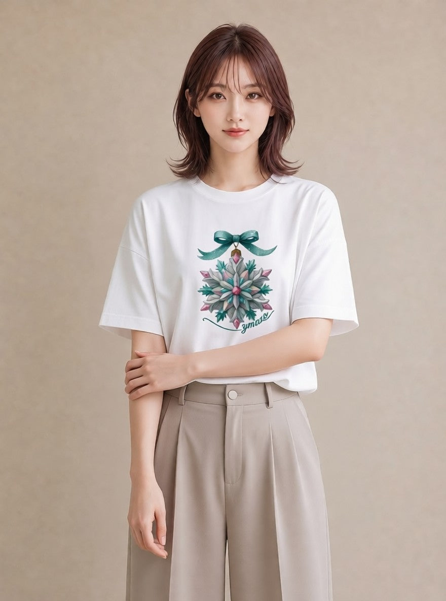 Tシャツ レディース 雪の結晶 星空 宇宙 イラスト 淡色 ママ カフェ服 白T