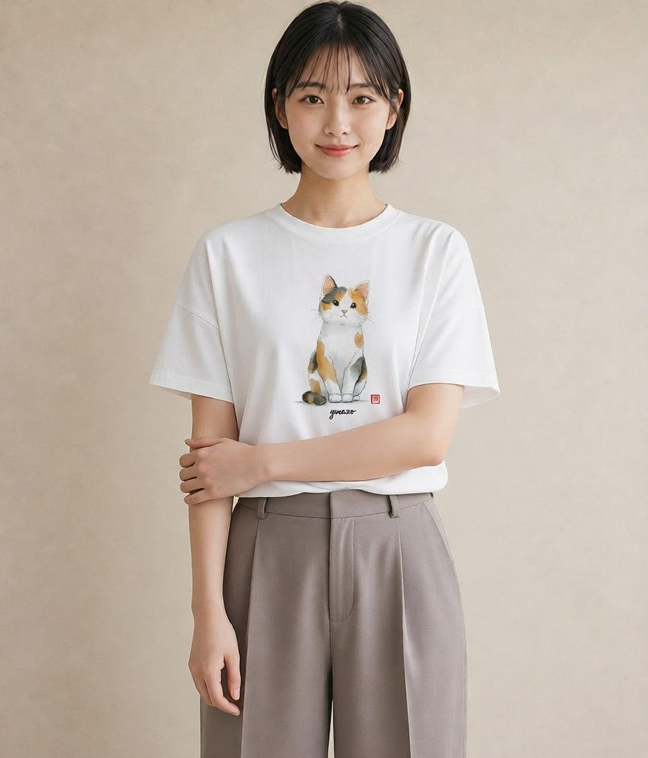 デザインTシャツ レディース ハチワレ 白黒猫 猫 ねこ イラスト カフェ服 クリスマス 白T